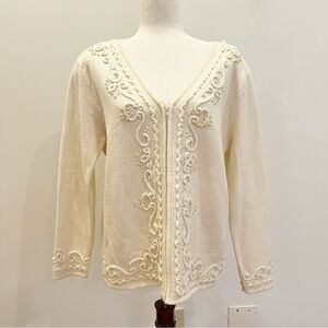 Vintage Vango Cardigan Womens Medium Ivory Wool Pearls Beads Holiday Christmas